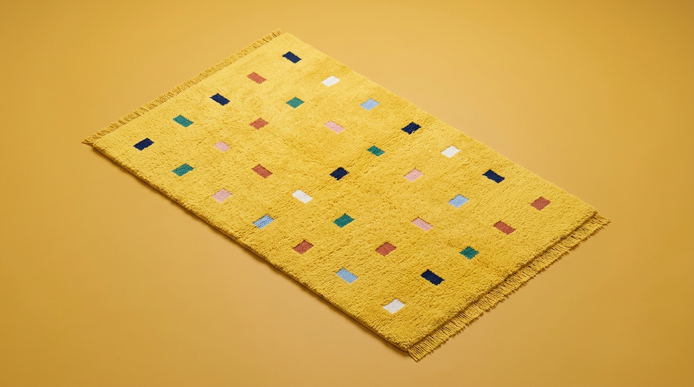 Handcrafted yellow wool rug with inlaid color blocks